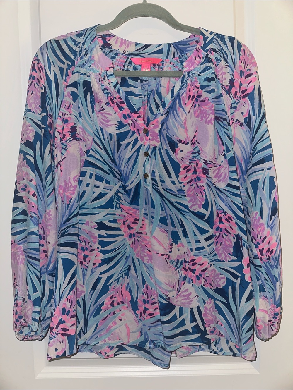 Lilly Pulitzer Teal and Pink Tropical Print Peasant Top